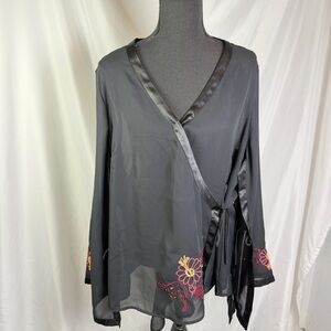 Vintage Lane Bryant Y2K Sheer Wrap Blouse Black Satin Trim Floral Top 14/16
